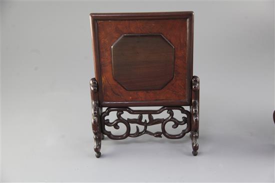 A pair of Chinese carved and pierced hardwood table screens, 19th century, overall height 20.3cm